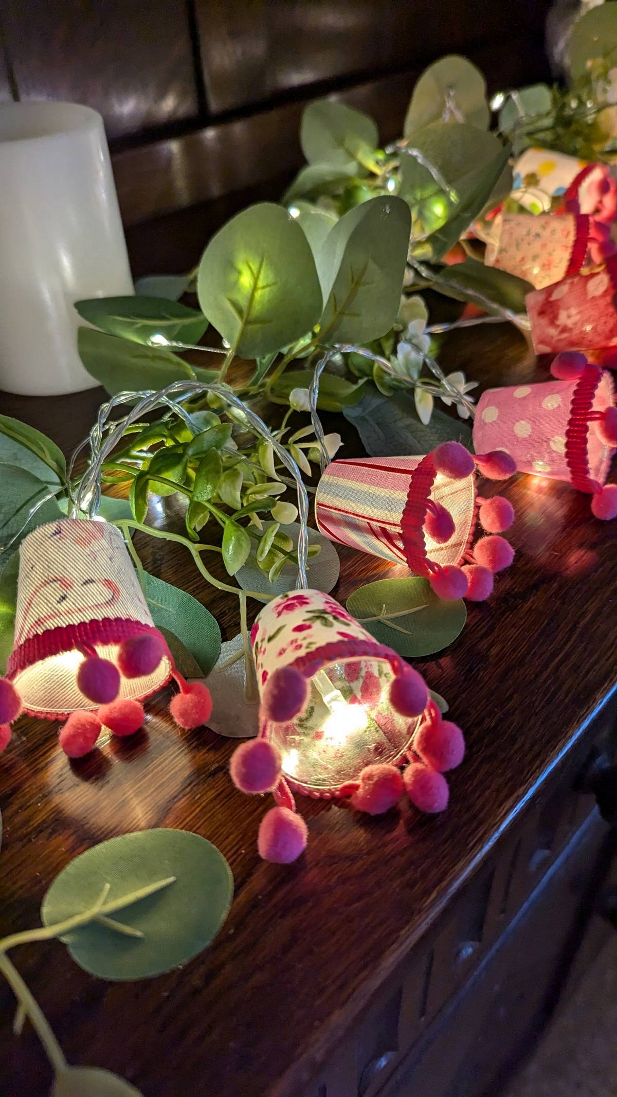 Hand crafted mini lampshade fairy lights made from recycled materials